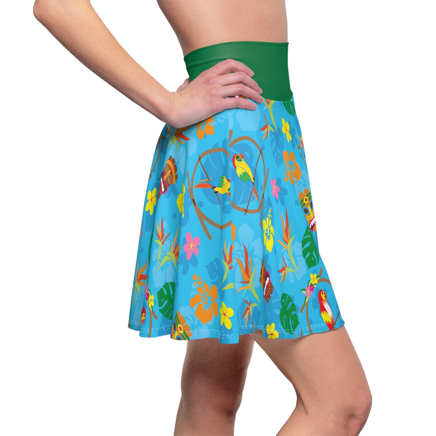 Enchanted Tiki Room Women's (Blue) Skater Skirt (AOP) - Macaws - Tropical Flowers